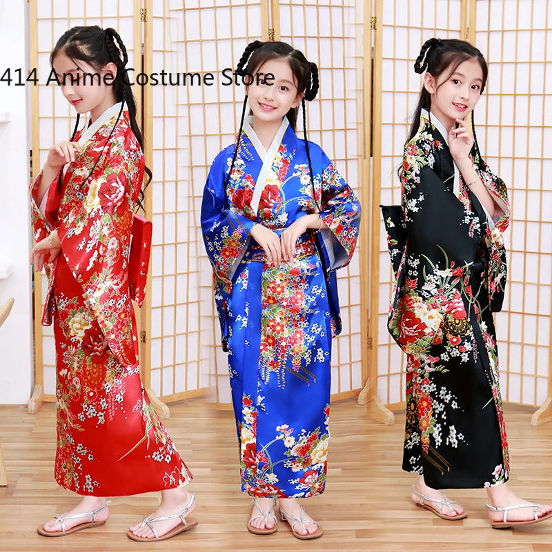 Children Print Kimono Cosplay Costume Traditional Japanese Style Peacock Pattern Cute Bow Bathrobe Girls Performance Outfits