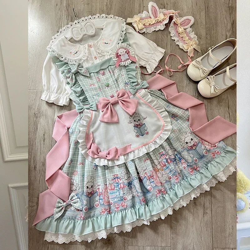 Abito con bretelle Lolita originale Set femminile carino dolce ragazza agnello stampa grembiule con fiocco grande abito da consegna di compleanno top a maniche lunghe