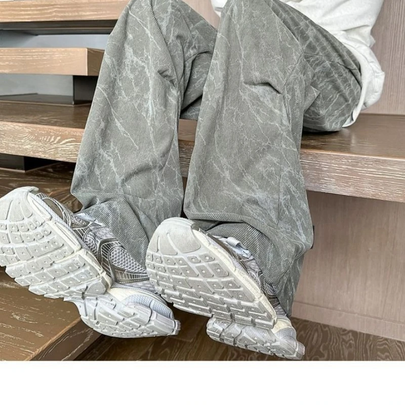 Pleated Corduroy Straight Pants Men Hip Hop Print Streetwear Baggy Wide-legged Pants Vintage Harajuku Y2k Trouser Spring Autumn