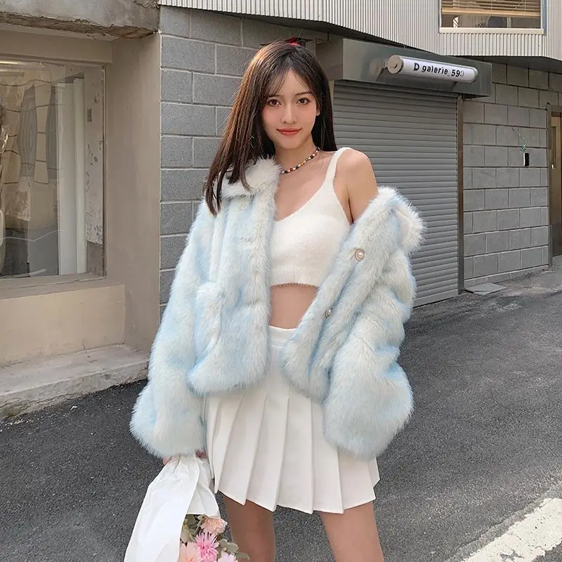 Faux Fox Fur Coat for Women, Gradient Color, Warm Outwear, Temperament, Leisure Short Outcoat, Fashion, New, Winter, 2024