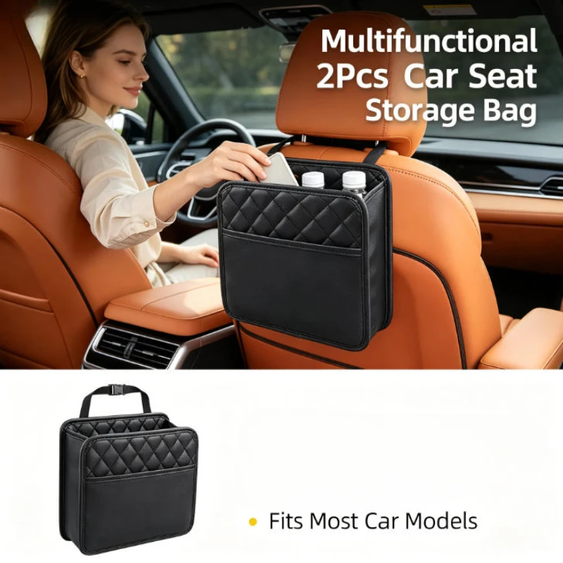 2Pcs Multifunctional Car Seat Back Storage Bag PU Leather with Portable Trash Can Garbage Bag for Most Vehicle Interior Accessor