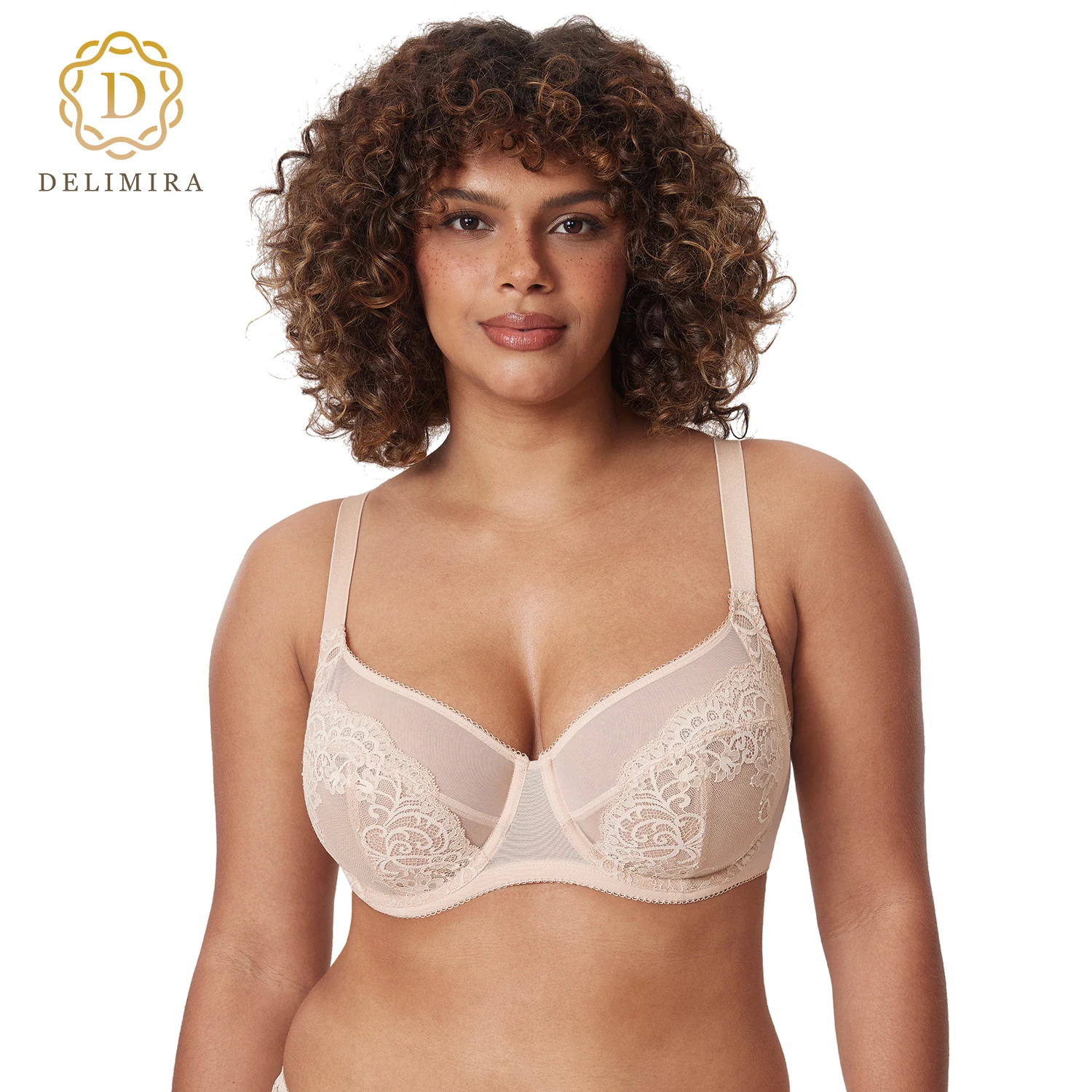 DELIMIRA Women's Lace Bra Plus Size Full Coverage Floral Underwire Poke-free Sexy Transparent Unlined Bras