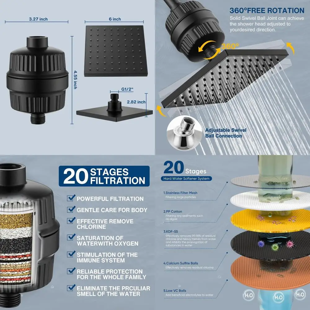 

Matte Black High-Pressure Rain Shower Head with 20-Stage Filter for Hard Water, Removes Chlorine and Impurities