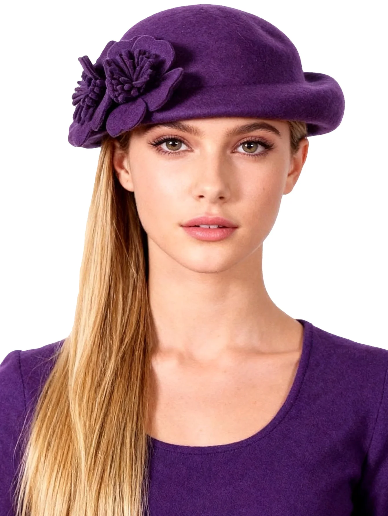 FS Blue Purple Wool French Beret Wide Brim Fedora Hats For Women Elegant Church Hats Big Flower Ladies Wedding Tea Party Hat Ken