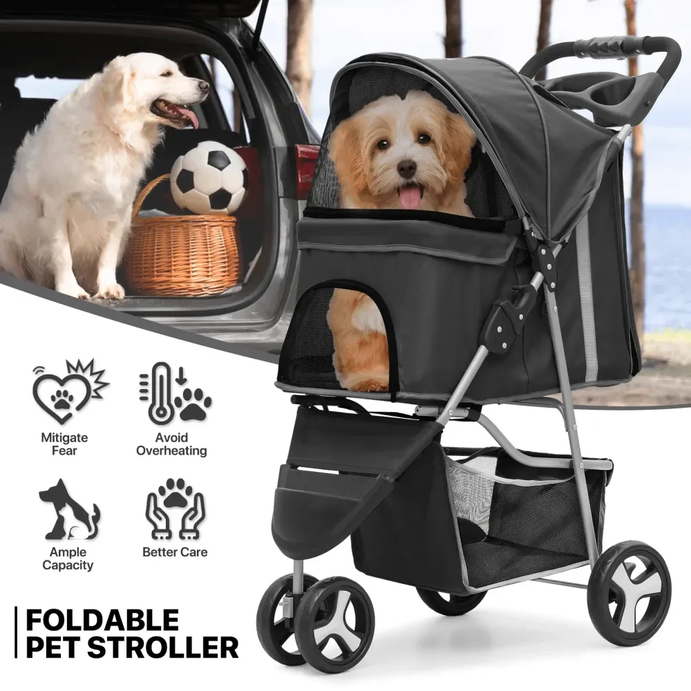 

Foldable Dog Strollers For Small Dogs With Weather Cover, 3 Wheels Pet Strolling Cart For Dogs And Cats With Storage Basket And
