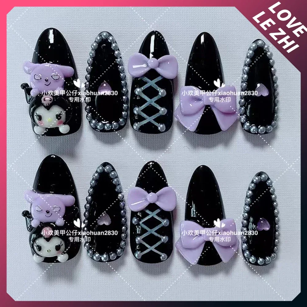 

Kawaii Sanriod Silicone 3D Kuromi Nails Carving Mold Finished Product Purple Bow Doll Diy Handmade Nail Art Accessories Charms