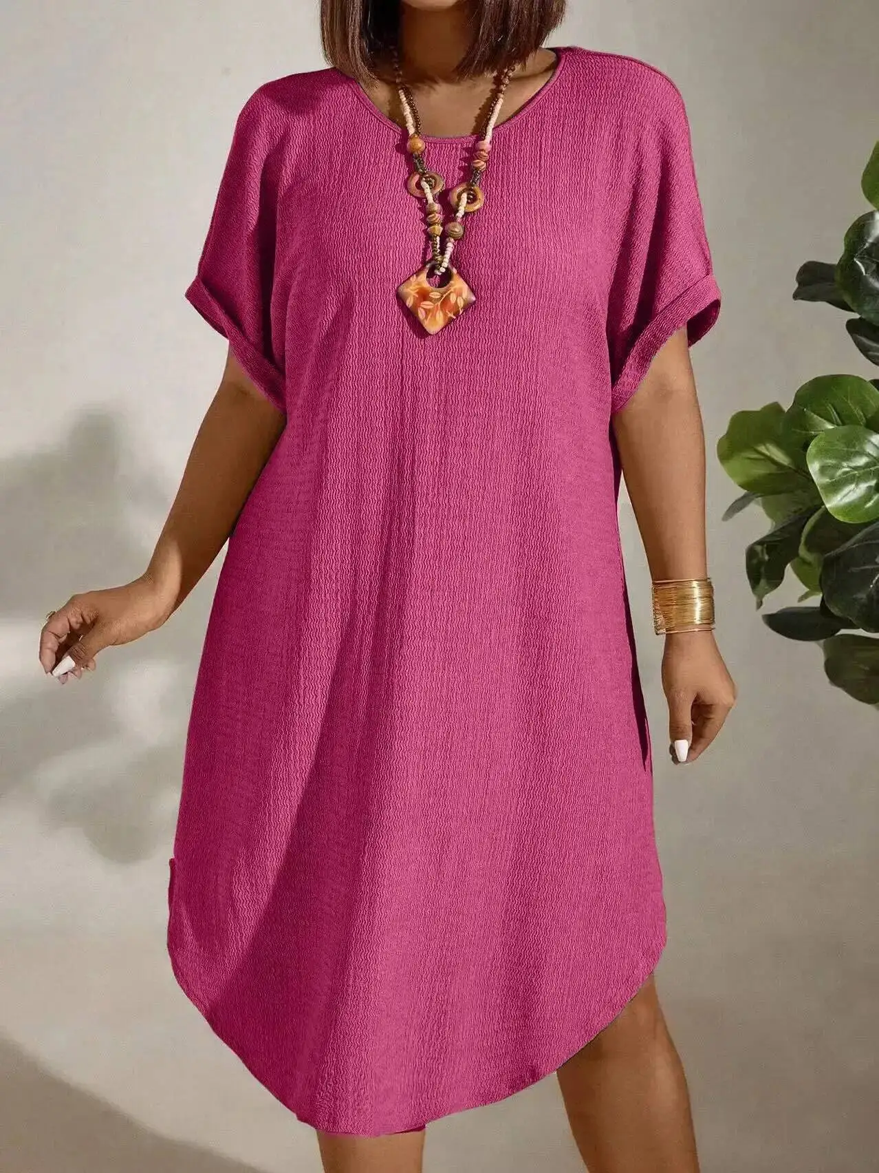 미국 대형 여성 의류 2025 여름 신상 반팔 단색 드레스 대형 티셔츠 미니 드레스 탑 PP3H