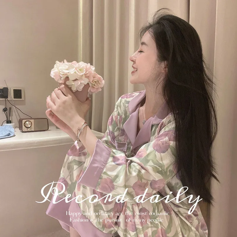 

Women's 2 Piece Pajamas Sets Print Pijama Faux Silk Satin V Neck Casual Pyjama Female Sleepwear Long Sleeve Shirt Pants Homewear