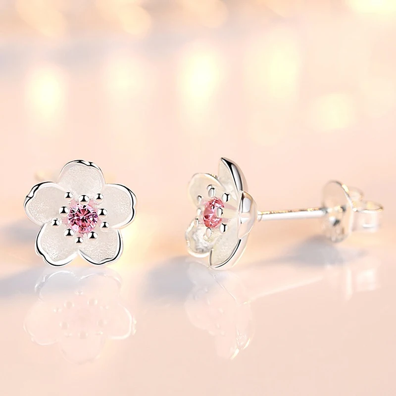 Girls' Lovely Flower Stud Earrings Romantic Cute Cherry Blossom Pink/Purple Zirconia Tiny Ear Piercing Jewelry Pastoral Style