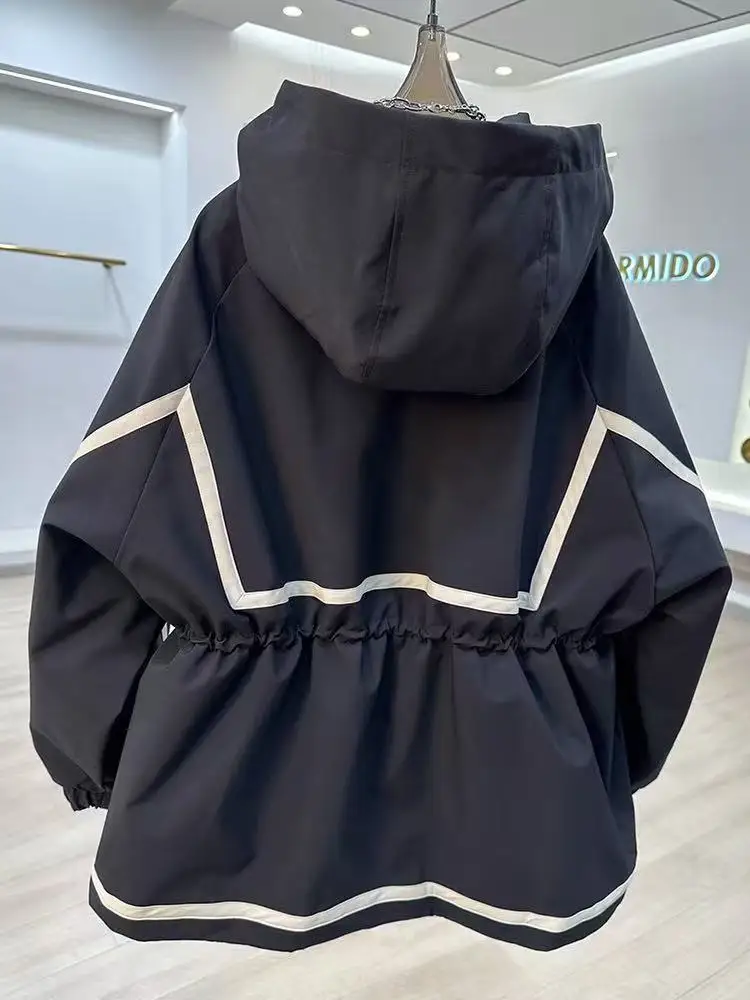 European Style Hooded Ribbon Stitching Contrast Jacket Women's Slim Fit Casual Fashion Coat Outdoor Short Trench Overcoat Female