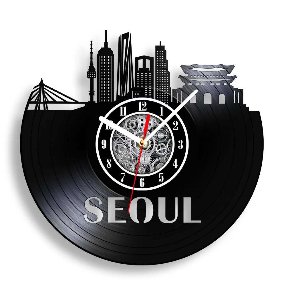 Seoul Cityscape Laser Cut LP Music Album Wall Clock Home Decor Watch South Korea City Skyline Shadow Art Vinyl Record Wall Clock