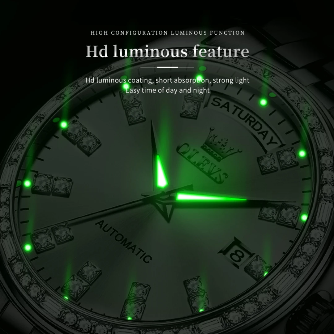 OLEVS 9802 Mechanical Fashion Watch Gift Stainless Steel Watchband Round-dial Wristwatch Week Display Calendar Luminous