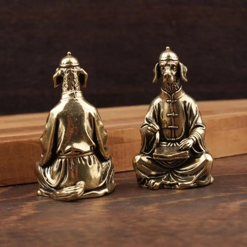 Vintage Brass Calligraphy Dog Figurine Mini Statue Cute Animal Desk Decor Puppy Collectible Ornament