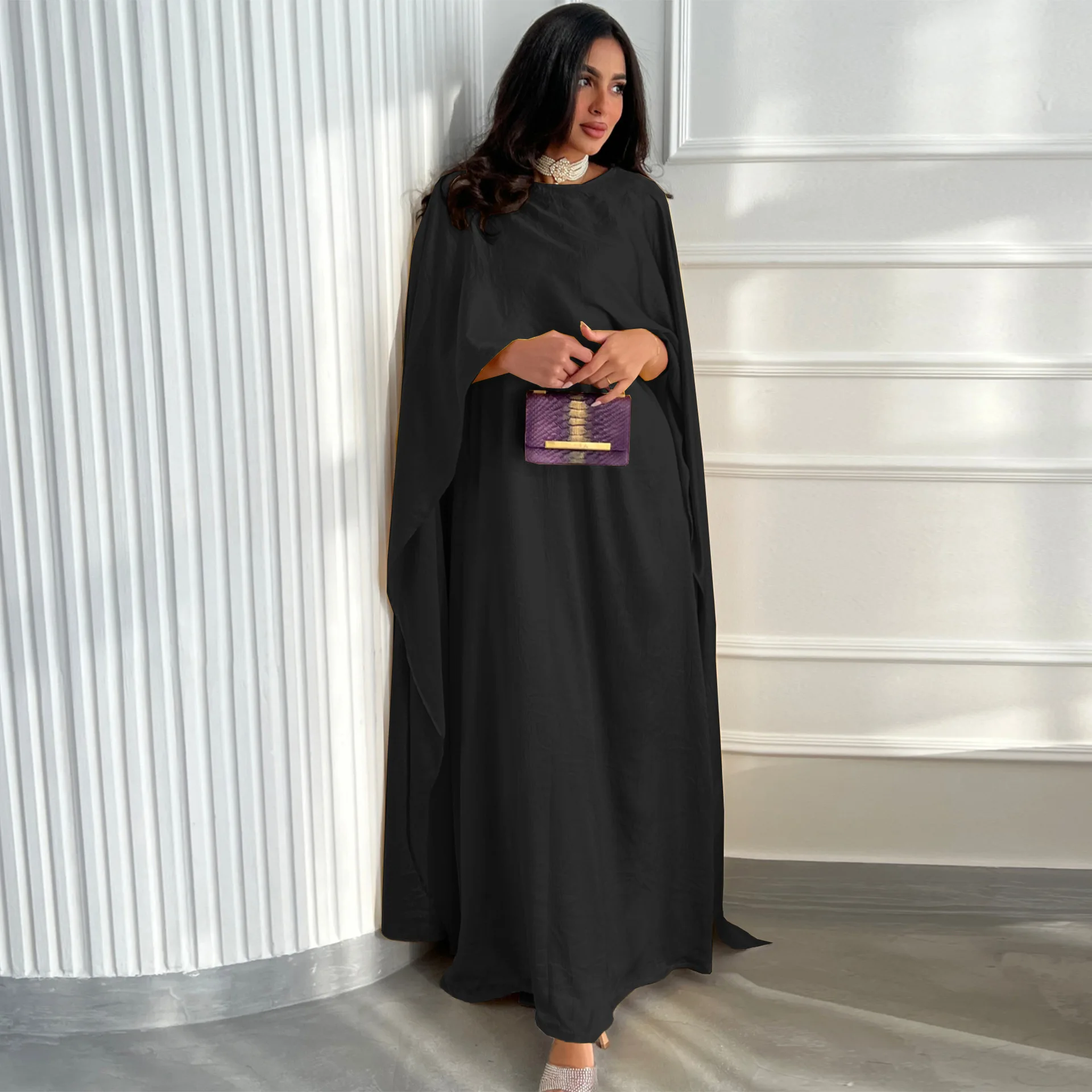 Morocco Satin Kaftan Cloak Cape Sleeve Modest Maxi Dress for Women Muslim Eid Djellaba Dubai Abaya Kebaya Islam Jalabiya Caftan