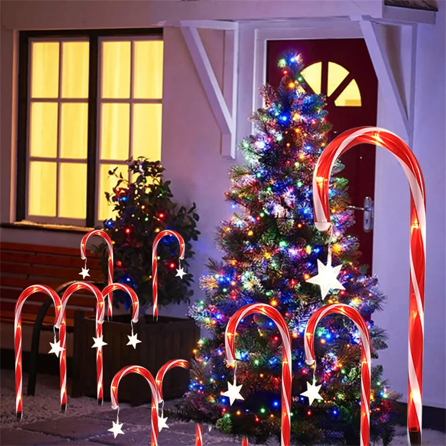 8 Pack Christmas Solar Candy Cane Lights With Star Snowflakes Santa Claus Outdoor Solar Pathway Marker Lights for Garden Decor