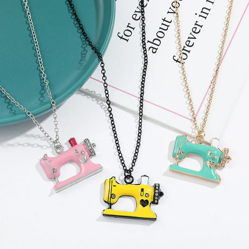 Fashion Trends Statement Enamel Alloy Sewing Machine Pendant Pink Yellow Colors Enamel Necklace Accessories Gift for Woman Fans