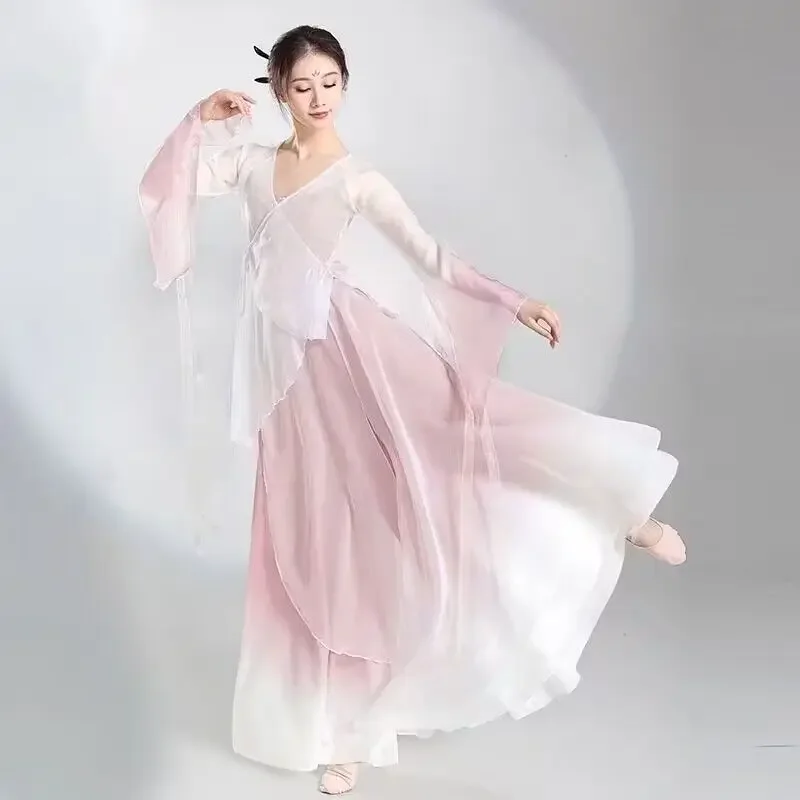 

Chinese style folk dance classical dancer performance costumes elegant cardigan practice clothes body rhyme long outer gauze