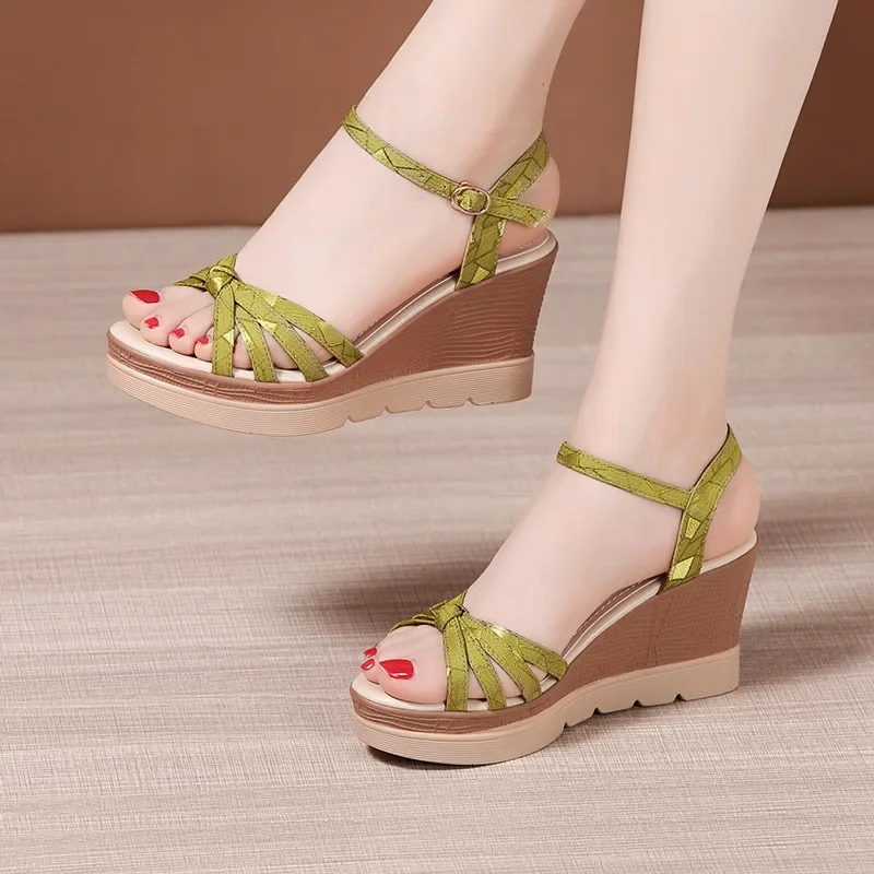 Small Size 32-43 Elegant Platform Wedges Shoes for Women Summer 2024 Office Beach Mom High Heels Sandals Soft Leather Shoe