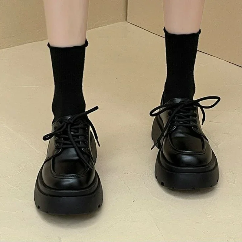 Women\'s Shoes Platform Flats Autumn Black Loafers Fashion Comfortable Leather Shoes Lace-up Outdoor Casual Oxfords Zapatos Mujer