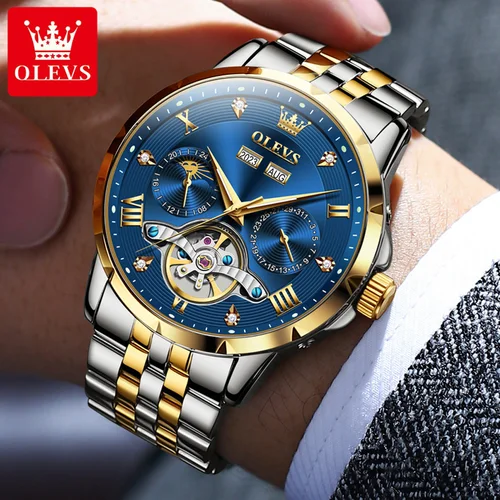 Imagen 2 del producto OLEVS-reloj multifuncional con esqueleto para hombre, reloj de pulsera mecánico automático de lujo para hombre, correa de acero inoxidable resistente al agua 6691