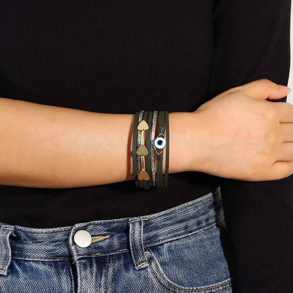 ALLYES Charm Evil Eye Leather Bracelet for Women Men Vintage Heart Arrow Handmade Multilayer Wrap Bracelets Boho Party Jewelry