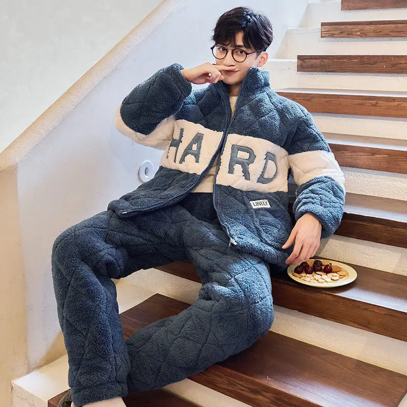 

20250Men's Pajamas Winter Coral Fleece Three-layer Thickened Fleece Padded Cotton Warm Flannel Autumn and Winter Loungewear Set