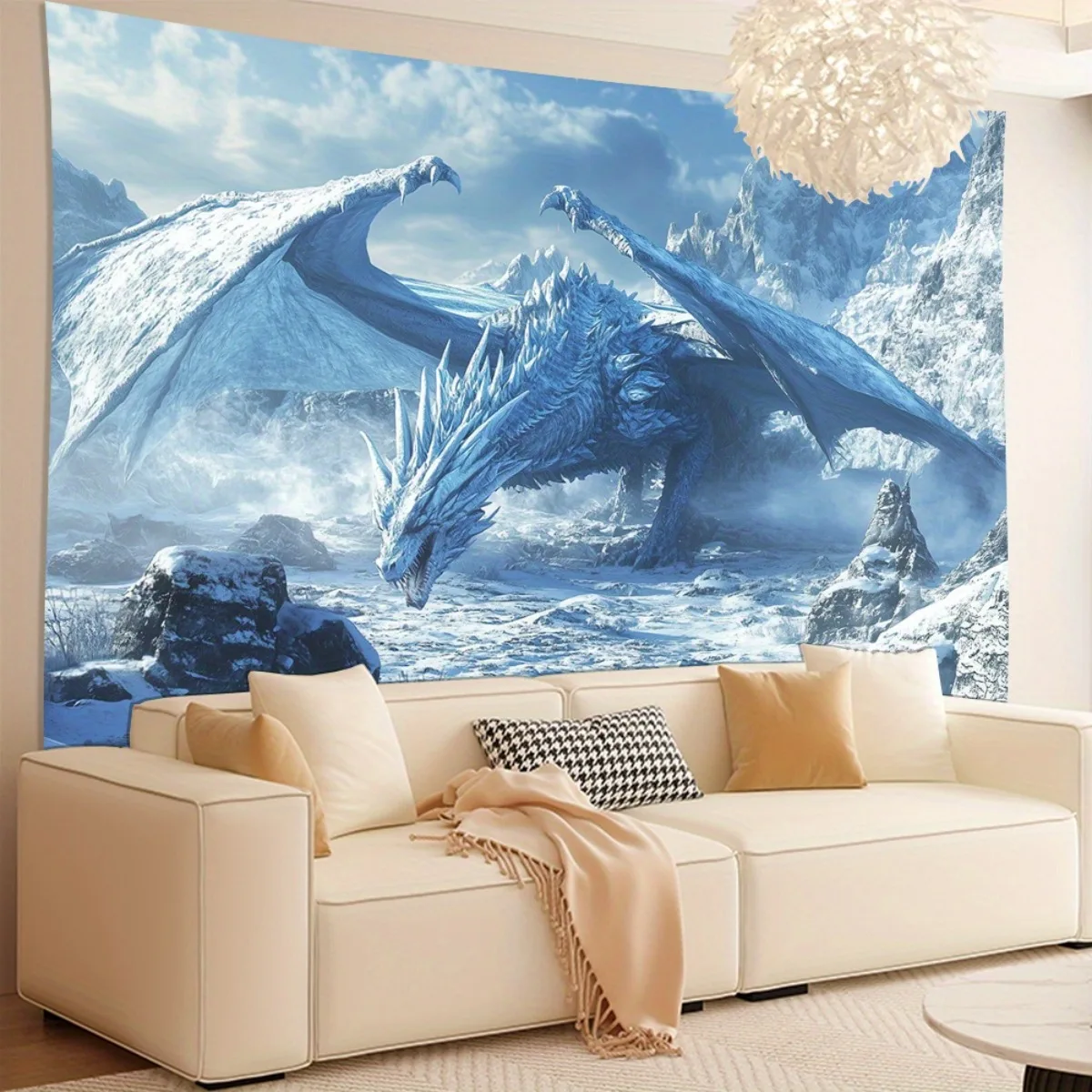 Ice Dragon Tapestry Polyester 3D Wall Hanging Snowy Mountains Fantasy Mural Medieval Norse Mythology Decor Living Room Bedroom