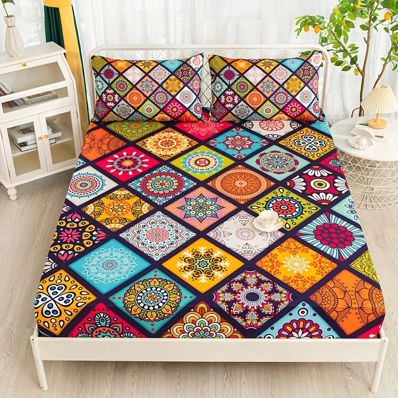 Fashion Bohemian Plaid Printed Fitted Sheet Soft Comfortable Bedding Set For Bedroom Guest Room (1* Fitted Sheet+2*Pillowcases)