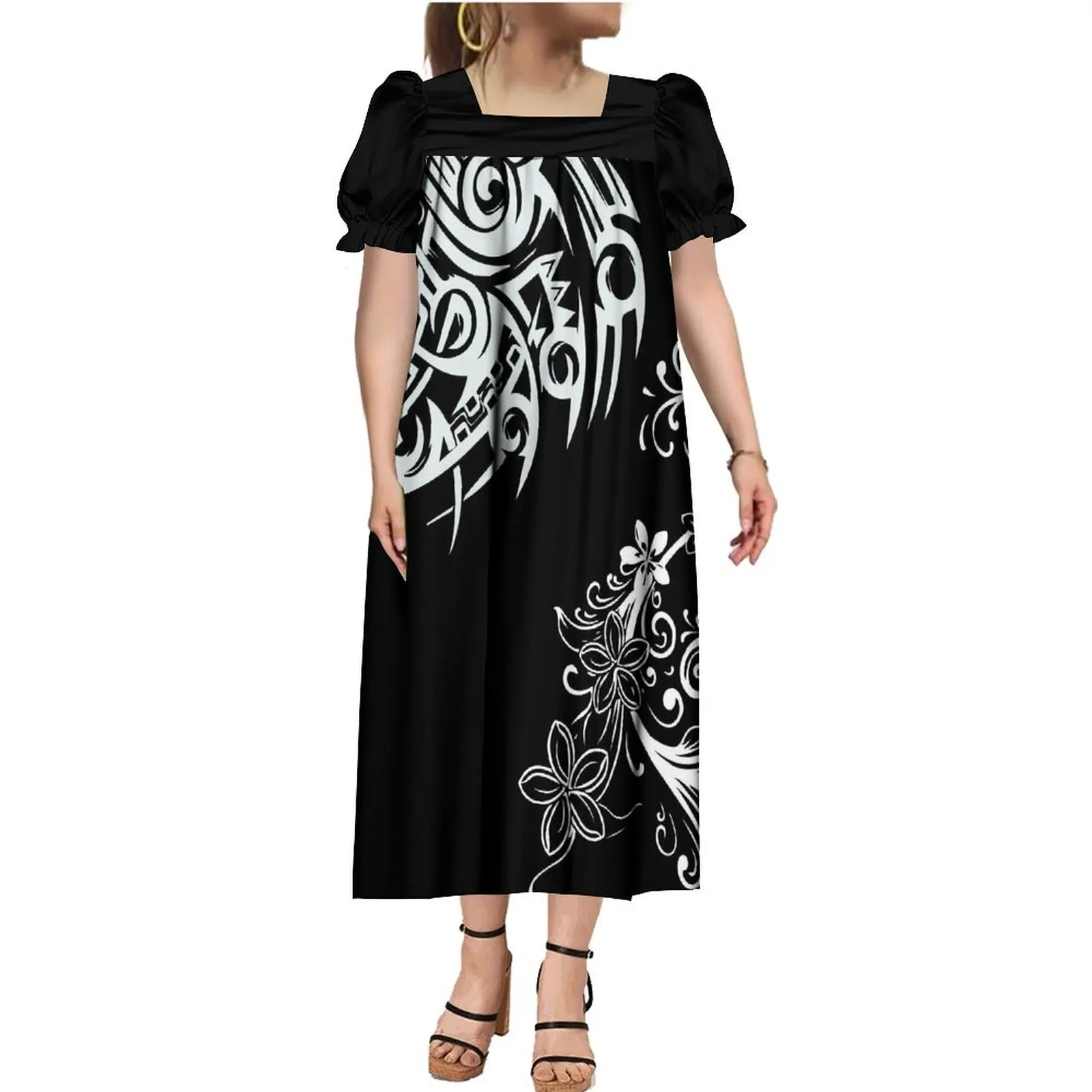 Vestido Mumu estilo ilha, coleção clássica em preto e branco, vestido solto, personalizado tribal polinésio, festa havaiana