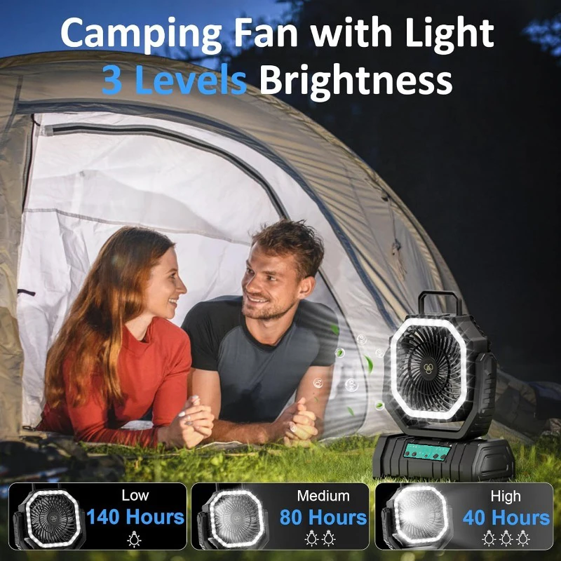 

270 ° Вентилятор для палатки с вращением головы и крючком USB-вентилятор для кемпинга Длительный срок службы батареи 8-40 часов Портативные беспроводные вентиляторы с воздухом