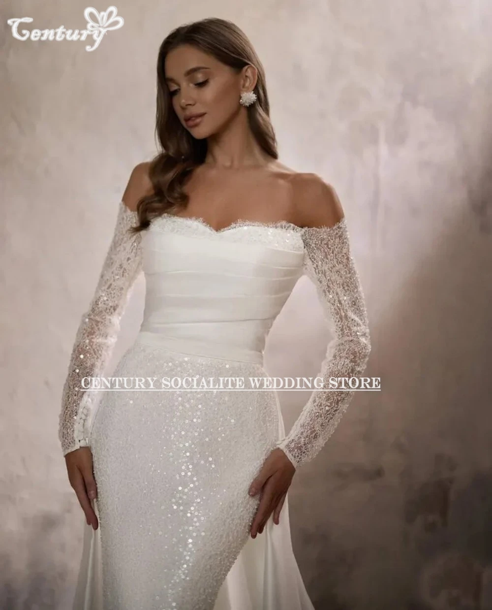 Abito da sposa con spalle scoperte Abiti da sposa a sirena con strascico staccabile Manica lunga Paillettes Abiti da sposa in raso di pizzo personalizzati