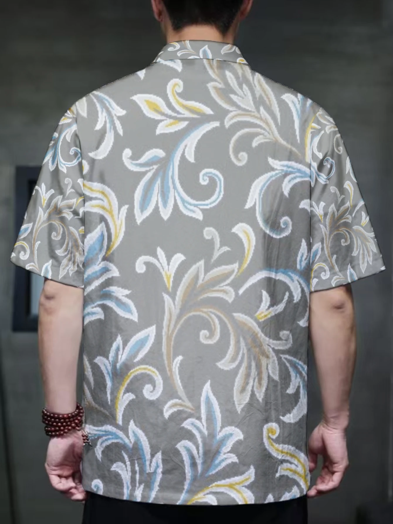 Mens Oriental Tang Shirt Vintage Floral Scroll Print Frog Button Loose Daily Outerwear