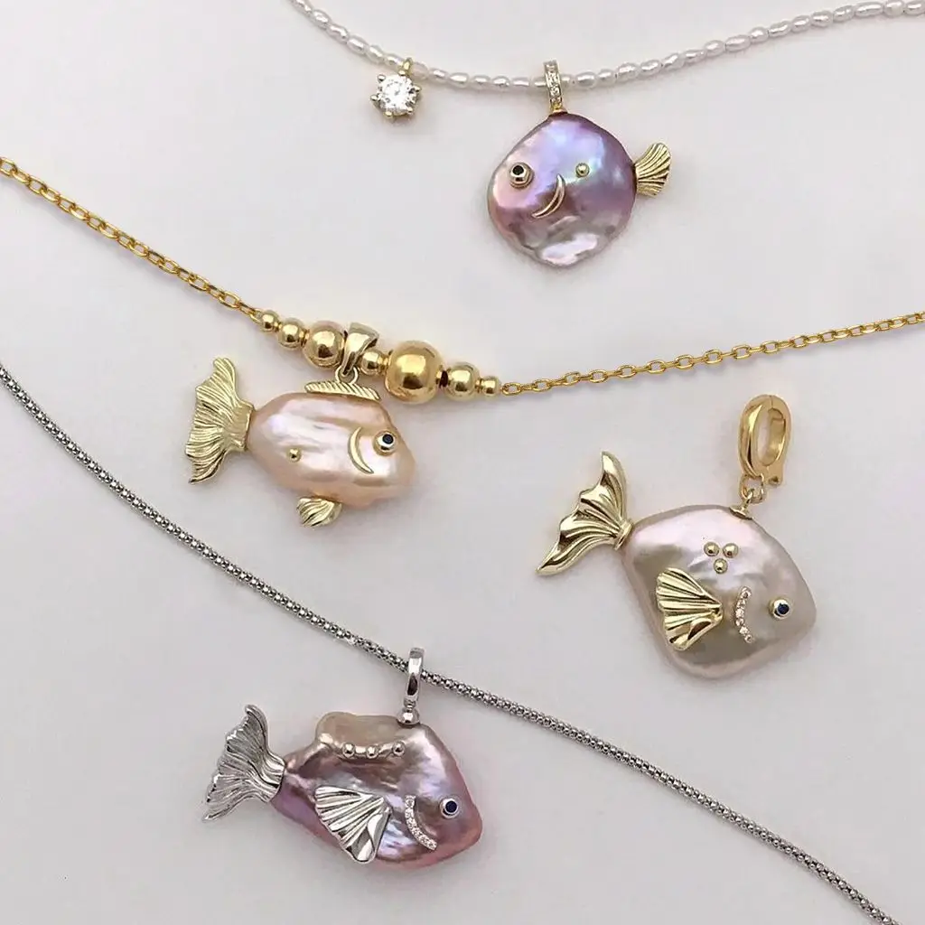 Chic Geometric Irregular Real Freshwater Pearls Neckalce Pink Fish Crab Shape Pearl Pendant Choker Birthday Gift Elegant Jewelry