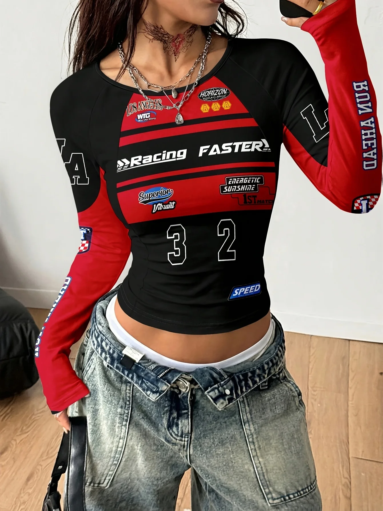 Women's Black & Red Raglan Sleeve T-Shirt – Racing Motorcycle Graphic – Streetwear / Urban Style – Alphanumeric Print Top