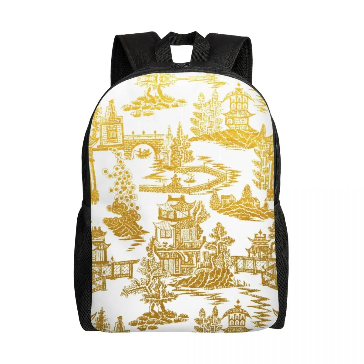 Golden Pagoda Chinoiserie Backpacks Vintage Oriental Willow Pattern College School Travel Bags Bookbag Fits 15 Inch Laptop