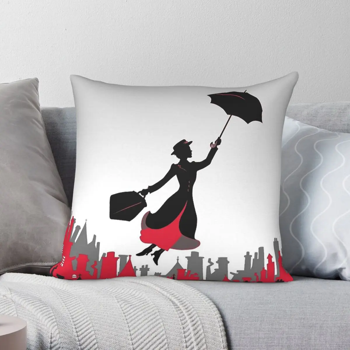 Mary Poppins Flying Square Pillowcase Polyester Linen Velvet Pattern Zip Decor Car Cushion Cover