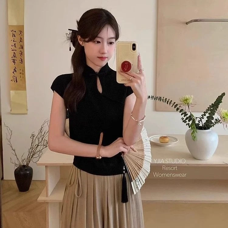 النمط الصيني طوق قصيرة الأكمام رائعة فريدة من نوعها بلوزة شيونغسام لطيف التخسيس محبوك سيدة قاعدة قميص Vinatge #3