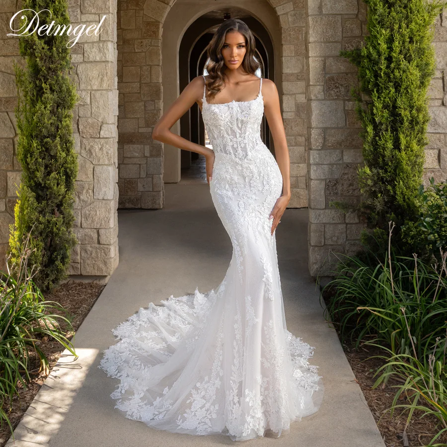 

Detmgel Customized New Modern Boat Neck Mermaid Court Train Wedding Dresses Backless Appliques Beaded Button Vestido De Noiva