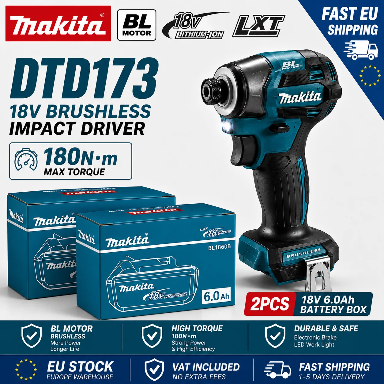 Original Makita DTD173 18V LXT Bürstenloser Schlagschrauber 180N·m Elektrobohrer mit BL1860 BL1850 BL1840 6,0Ah Akku EU-Lagerbestand