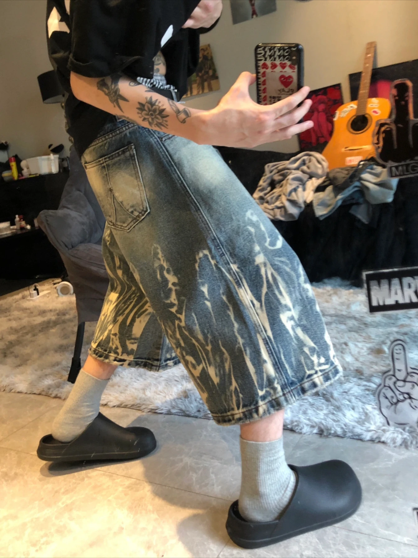 

Американские уличные джинсовые брюки с молнией на семи футов, мужские повседневные широкие брюки выше колена, молодежные прямые брюки-трубы