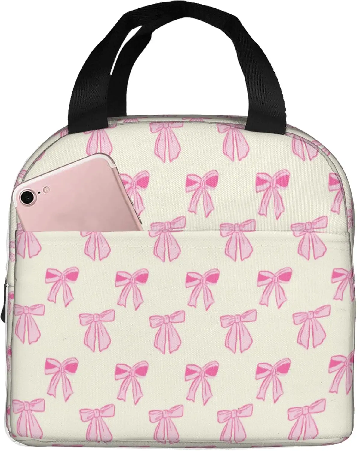 Pink Bow Pattern Lunch Bag, Unisex Reusable Insulated Lunch Tote Box, Girl Women Cooler Food Handbags Case High Capacity