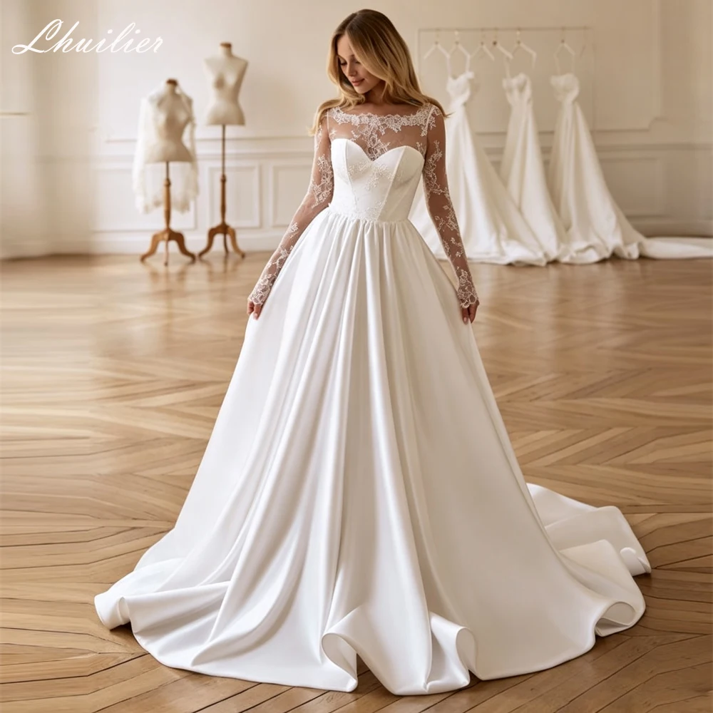 Lhuilier Customized A Line Strapless Satin Wedding Dresses Bridal Gown with Removable Lace Jacket
