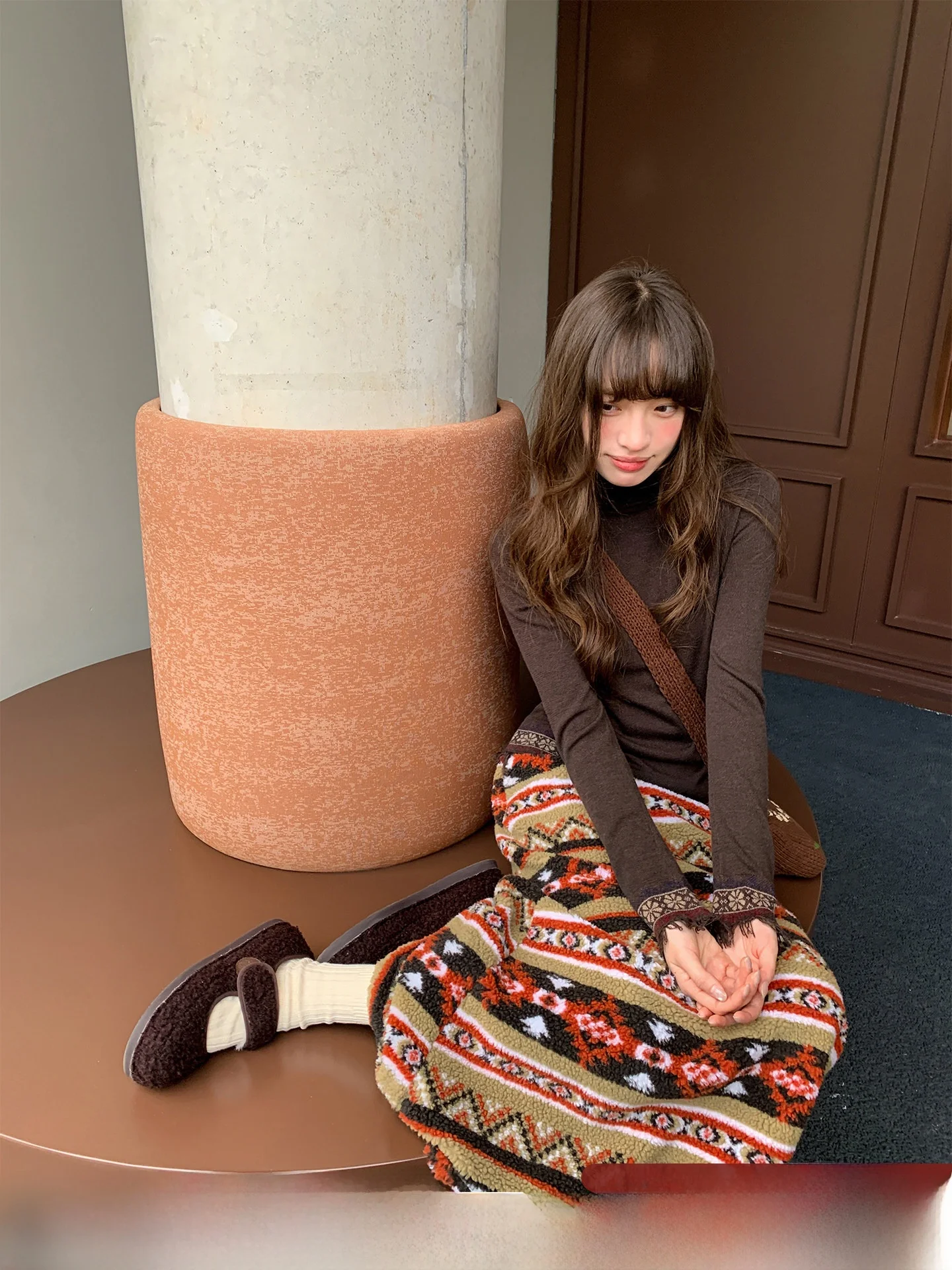 

Hello Retro Totem Lamb Fur Dstring f Skirt Women's Casual Autumn Winter Long Skirt High Waist Straight Cut