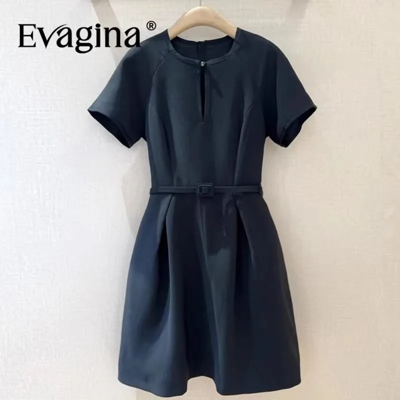 

Evagina Fashion design Women's Summer Dress With Half-open collar Short Sleeves Solid Color Loose Fit Dresses With belt