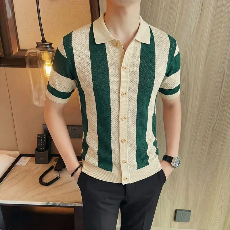 Retro Striprf Contrasting Ice Silk Knitted Cardigan Men Short Sleeved Casual Business T-shirt Social Streetwear POLO Shirts