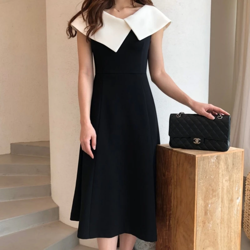 Big Collar Patchwork A A Line Dress Midi Black Vestidos Verano 2022 Elegant Office Jurk Korean Style Women Retro Robe De Soiree