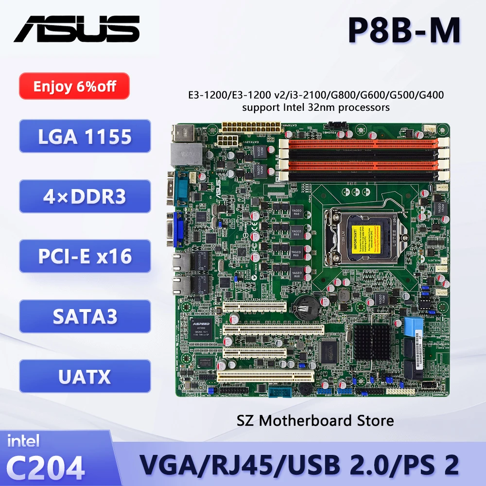 ASUS P8B-M Socket 1155 UATX Motherboard 4×DDR3 DIMM C204 Support CPU Intel Xeon E3-1270 V2 I7-3770 I7-2600 4×SATA II 1×PCI