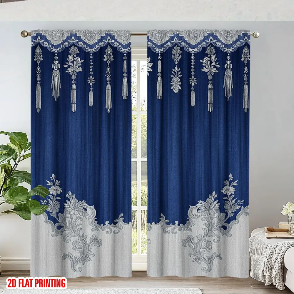 Two Tone Navy Lace Curtain Panels 2 Pack,Silver Embossed Flower Lace Tassel Soft Noble Contrast Pattern for Villa Living Curtain