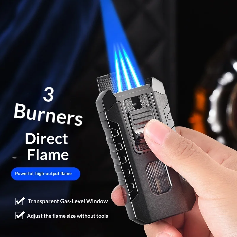 2026 Powerful 3 Fires Blue Flame Cigar Lighter Large Capacity Visible Gas Chamber Portable Metal High Quality Inflatable Lighter