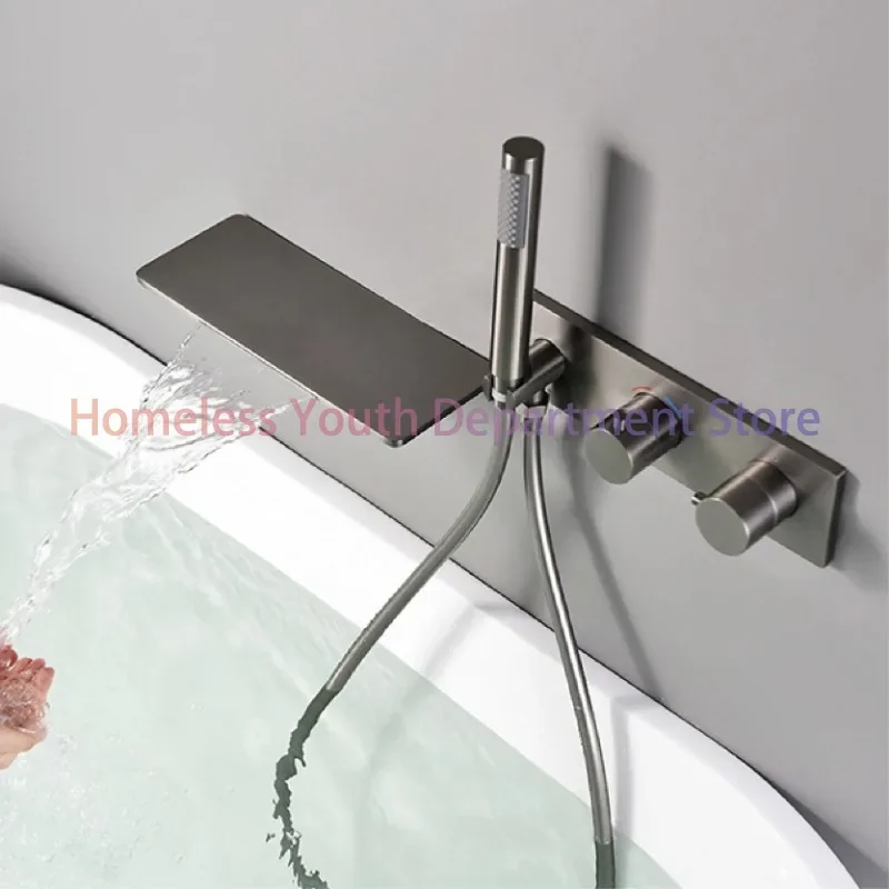 Light luxury brass thermostatic Gun gray bathroom faucet Wall-mounted design Double handle  Cold & Hot dual-control bathtub Tap